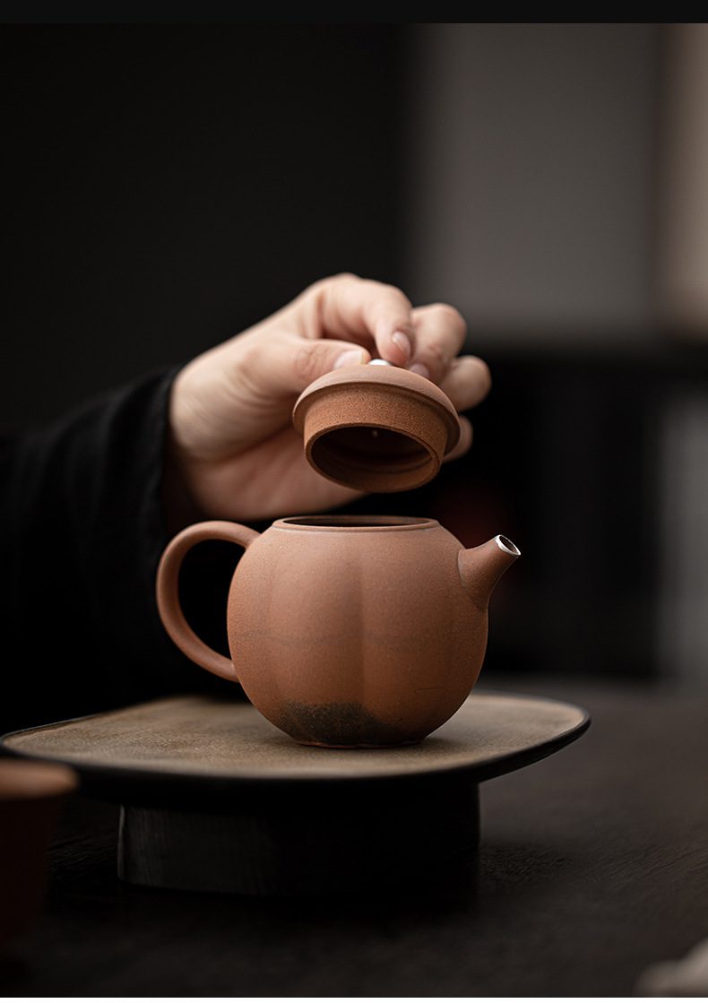 空寂老岩泥南瓜茶壺，南山居手工紫砂筋紋壺，壺身質感古樸厚重，線條流暢，展現極致的紫砂工藝與禪意美學。