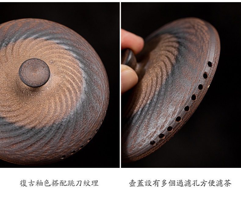 古早燒憨博手抓壺，南山居手工柴燒質感陶製壺蓋，細膩跳刀紋理與精密多孔設計，展現古樸茶具美學。
