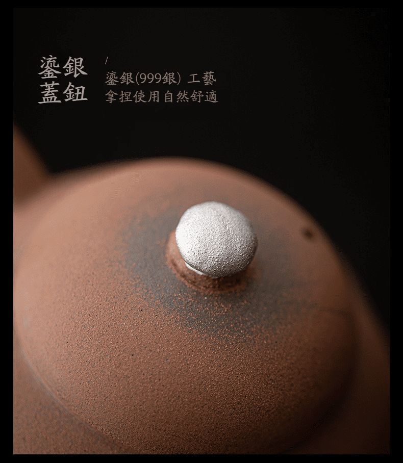 空寂老岩泥南瓜茶壺，南山居手工紫砂壺局部，壺蓋頂端鑲嵌精緻999鎏銀蓋鈕，質感細膩且握感自然舒適。