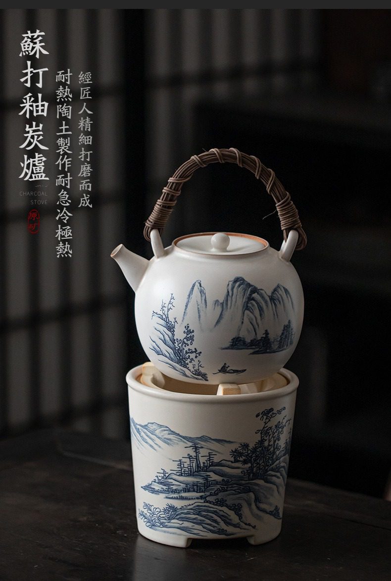 手繪蘇打釉溫茶爐，南山居日式蘇打釉炭爐與手繪山水茶壺，陶瓷耐高溫工藝，呈現雅緻禪意品茗氛圍。