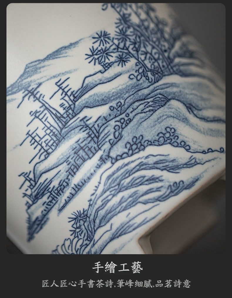 手繪蘇打釉溫茶爐，南山居手繪青花瓷茶杯，杯身描繪細膩山水松柏圖，盡顯傳統東方美學與精湛瓷藝。