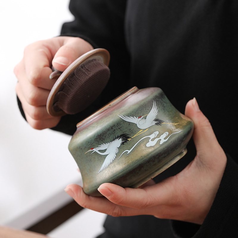 茶道具　灰器　南蛮灰器　嘉祥作　共箱　紙箱　S242HK 窯變煥彩瑞鶴呈祥茶葉罐- 南山居