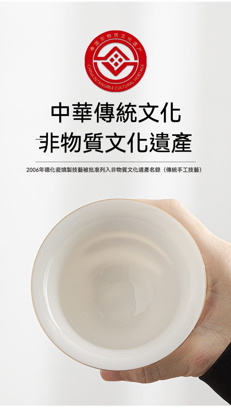 雲悅羊脂玉白瓷茶具套組，南山居德化白瓷描金茶杯，手工溫潤透亮，展現傳統茶道美學與非遺工藝。