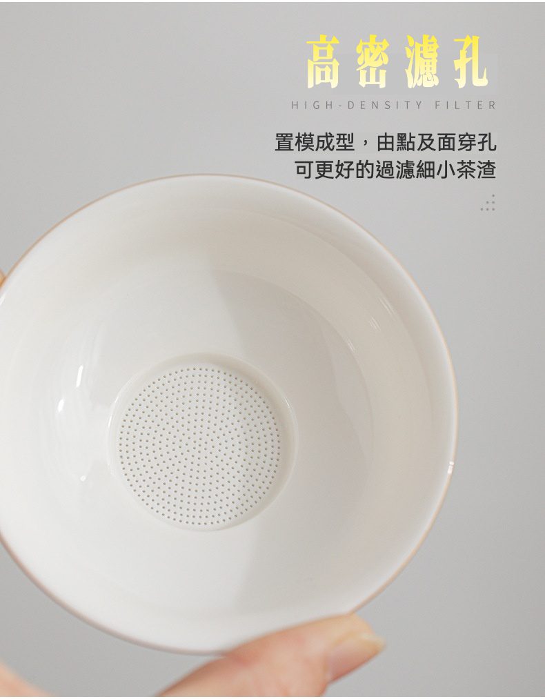 雲悅羊脂玉白瓷茶具套組，南山居白瓷高密濾孔茶濾，濾網細密均勻，有效過濾茶渣，保持茶湯清澈。