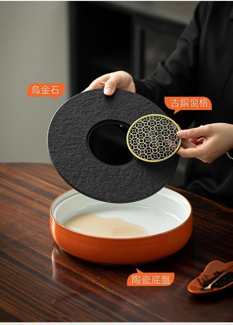 三味茶品喜樂茶盤，南山居禪意烏金石茶盤，搭配古銅窗格濾網與質感陶瓷底盤，細膩呈現古典與現代交融的極致品茗美學。