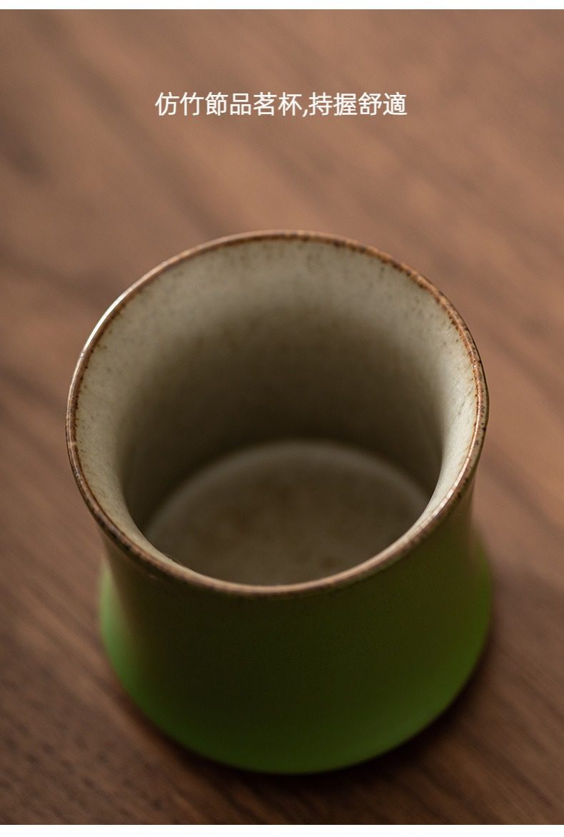 青璃釉竹節提樑小茶具套組，南山居仿竹節陶瓷品茗杯，翠綠外壁如竹節般優雅，內壁米白色澤溫潤，手工茶具。