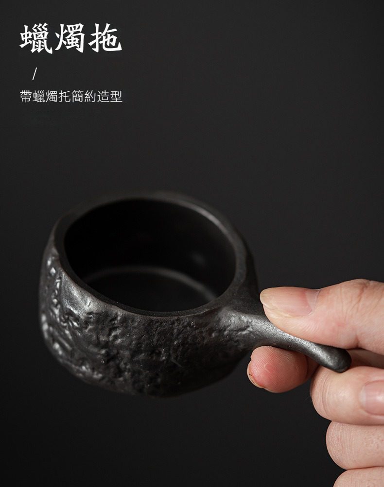 窯變青野溫茶爐，南山居手工粗陶蠟燭托，黑色岩石紋理質感，簡約設計融入禪意茶席