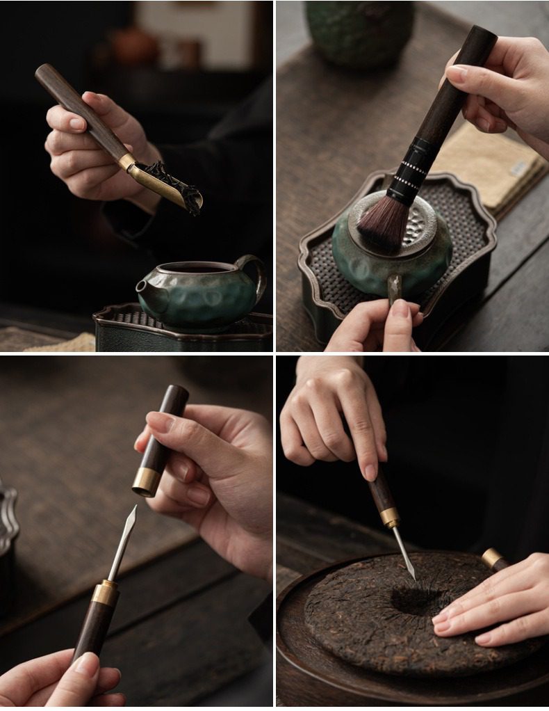 窯變青野茶道六君子，南山居黑檀木黃銅茶具組，包含茶則、養壺筆、茶針，質感溫潤，為茶席增添雅緻。