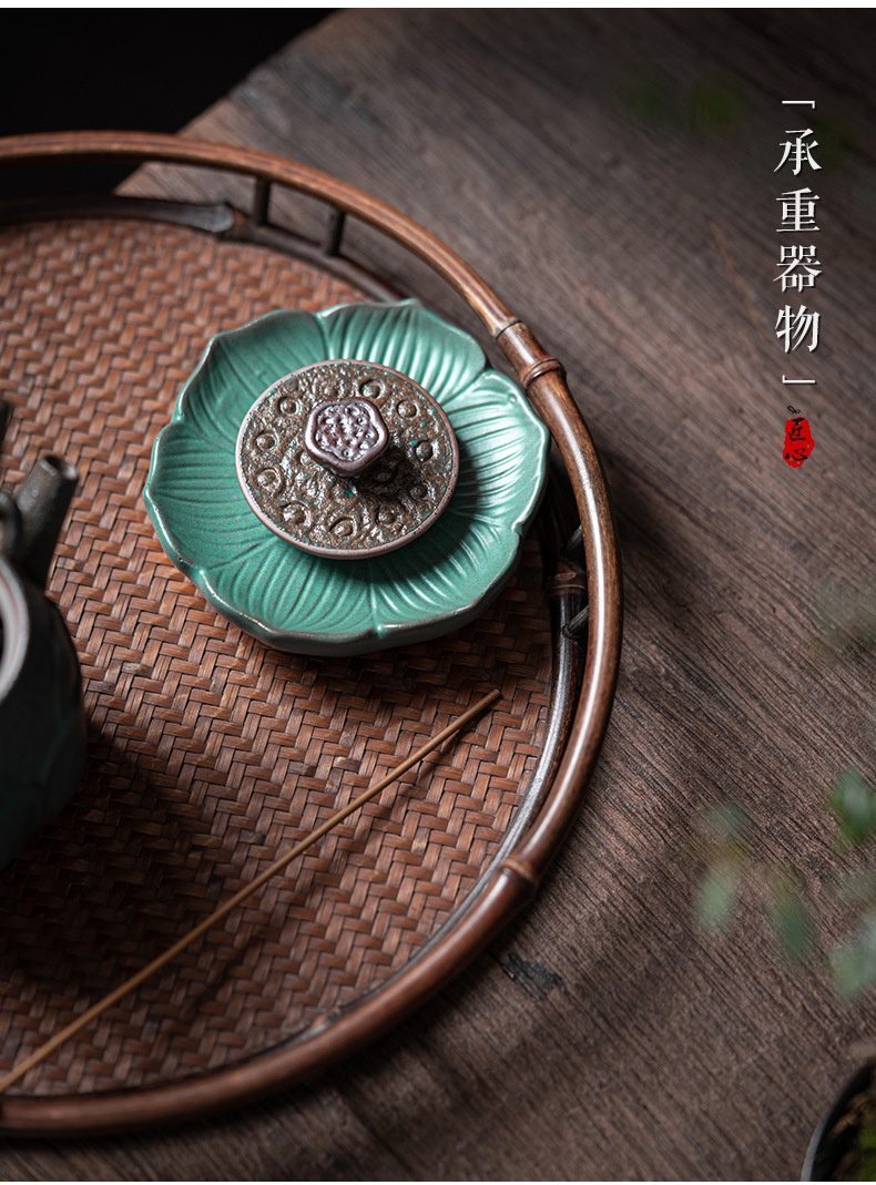 窯變青野蓮心蓋置，南山居青瓷荷葉薰香爐，陶瓷香座，精緻古銅蓮花紋蓋，呈現茶道禪意與雅緻。