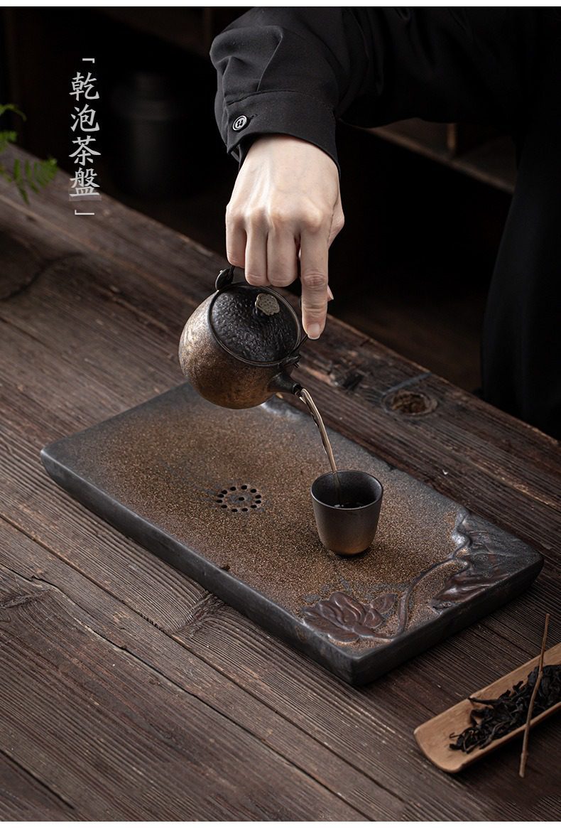 窯變青野長方形乾泡茶盤，南山居禪意乾泡茶盤與粗陶茶具組，壺身古樸質感，茶盤浮雕優雅