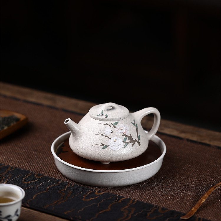 □中国 宜興紫砂 白泥 竹漢詩刻 石瓢壺 底款 宜興利用