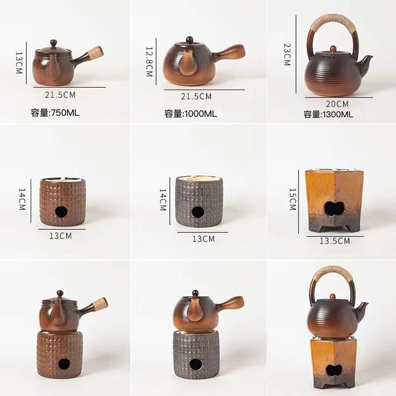 漸變炭火溫茶爐，南山居手工粗陶茶壺與溫茶爐套裝，包含提樑壺、橫把壺及各式溫茶器，展現質樸禪意。