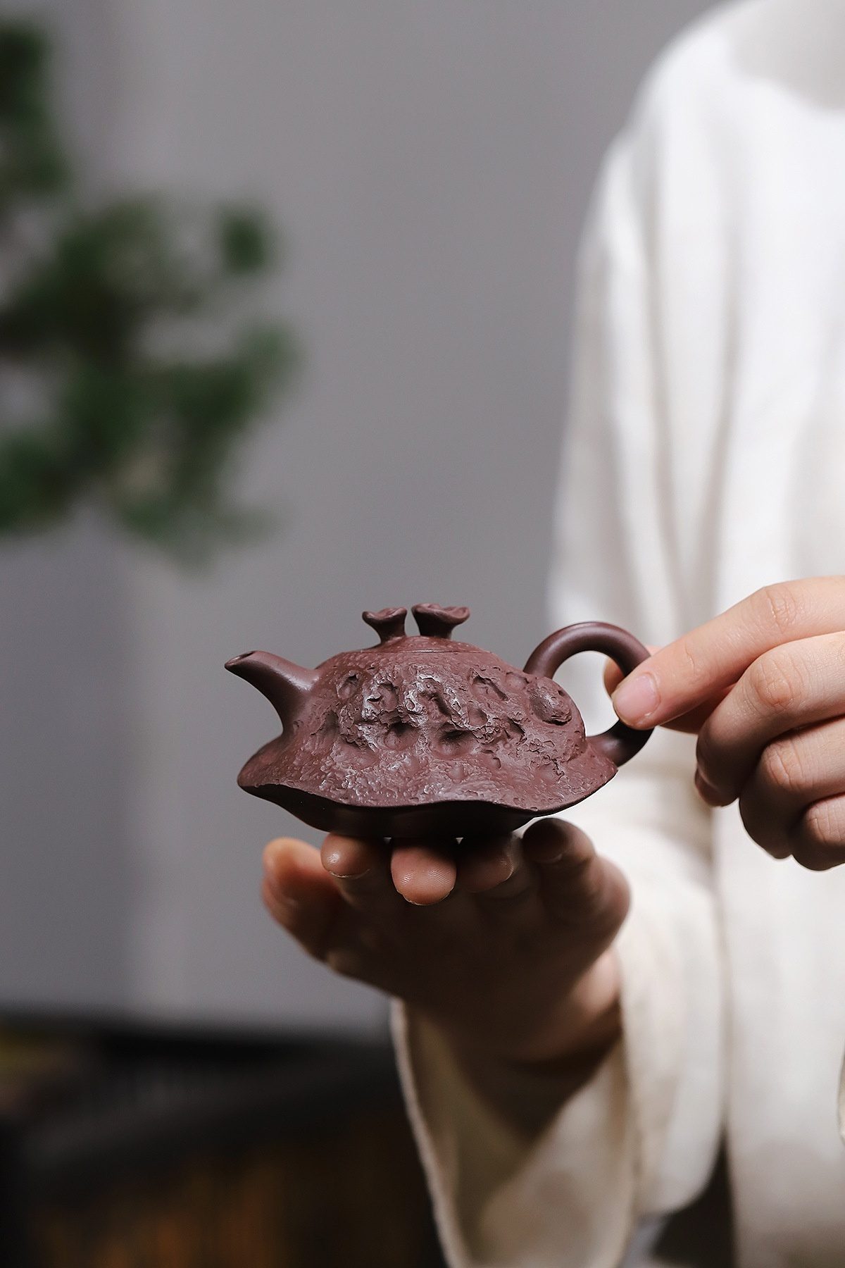 宜興紫砂壺原礦紫泥靈芝仿生壺(110ml)，南山居手工紫砂雕塑茶壺，壺身浮雕紋理獨特，泥色古樸雅緻，展現茶道藝術。