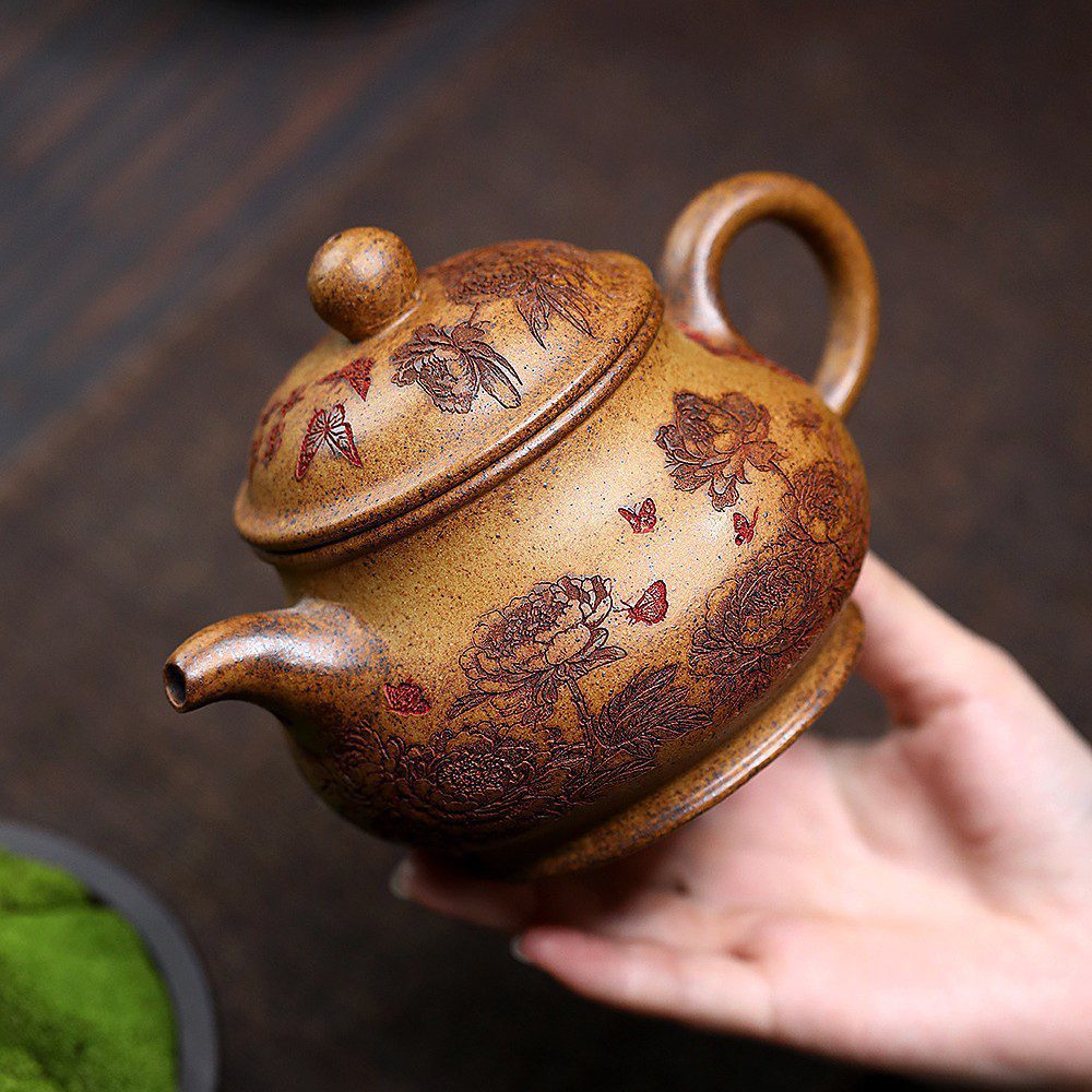 宜興紫砂壺原礦段泥花開富貴潘壺(430ml) - 南山居