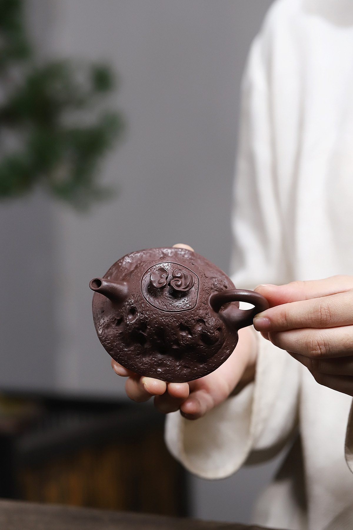 宜興紫砂壺原礦紫泥靈芝仿生壺(110ml)，南山居手工紫砂壺，壺身呈現獨特隕石紋理，古樸厚重，搭配精緻祥雲壺鈕，盡顯茶道禪意。