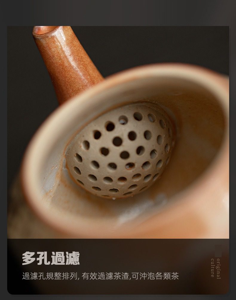 日式志野貓柴燒茶壺，南山居紫砂壺多孔濾膽特寫，濾孔規整細密，確保茶湯過濾清澈，出水流暢，提升品茗體驗。