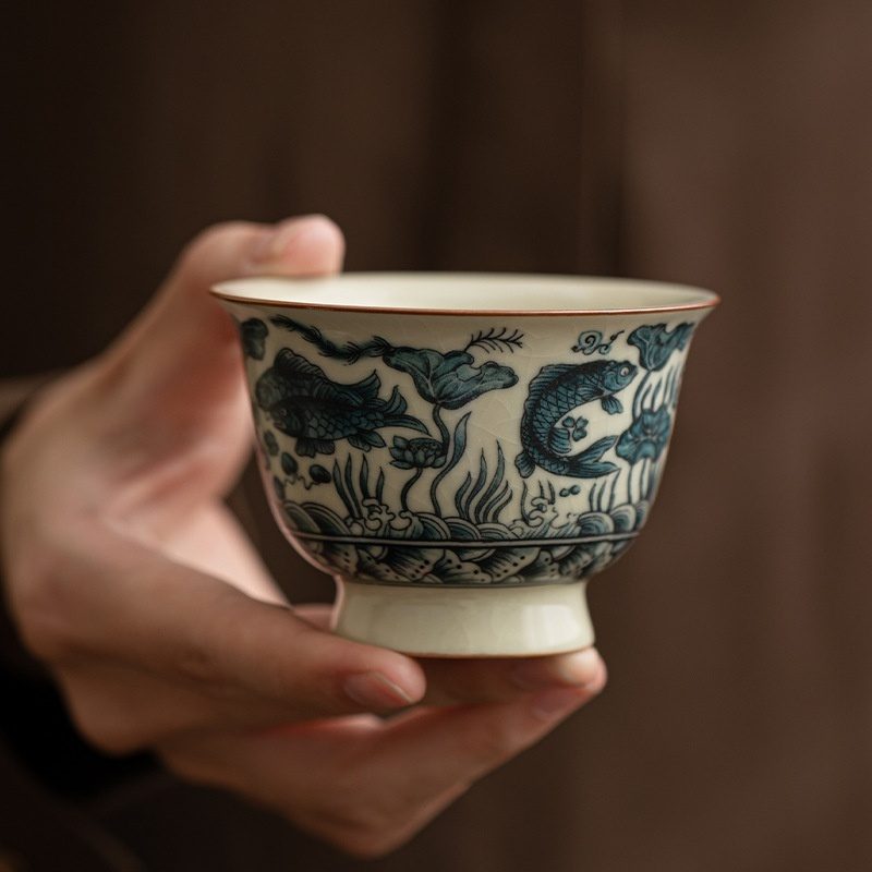 仿宋汝窯魚藻紋品茗杯- 南山居