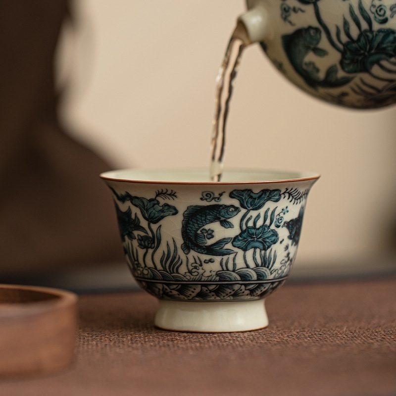 仿宋汝窯魚藻紋品茗杯- 南山居