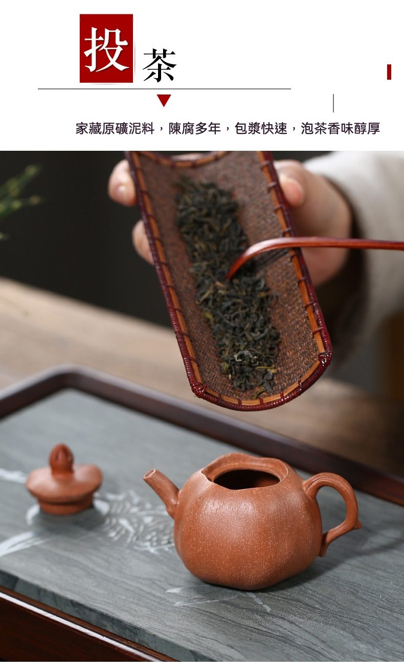 宜興紫砂壺原礦降坡泥石榴仿生壺(100ml)，南山居茶道展示，手工竹茶則盛放烏龍茶葉，旁置精緻紫砂壺與茶盤，呈現優雅投茶時刻。