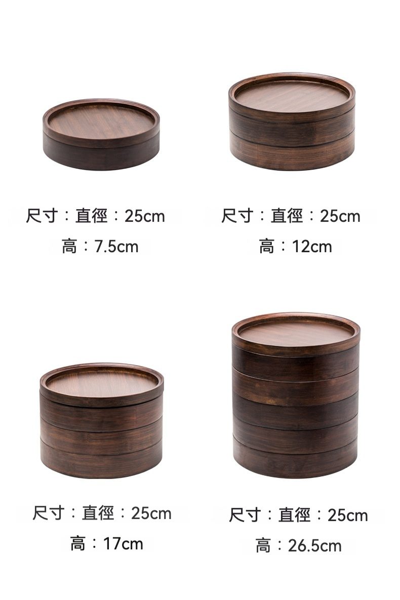 楠竹碳化胡桃色茶餅收納盒，南山居禪意木質圓形茶具收納盒，深棕色溫潤木紋，多層堆疊設計，適用於茶葉茶餅收納，展現東方雅緻。