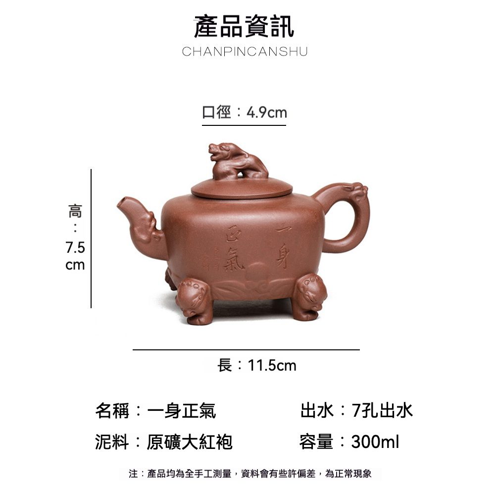 宜興紫砂壺原礦大紅袍一身正氣壺(300ml)，南山居手工原礦大紅袍紫砂壺，壺身浮雕「一身正氣」文字，壺鈕為祥瑞龍形，泥色沉穩典雅，具收藏價值。