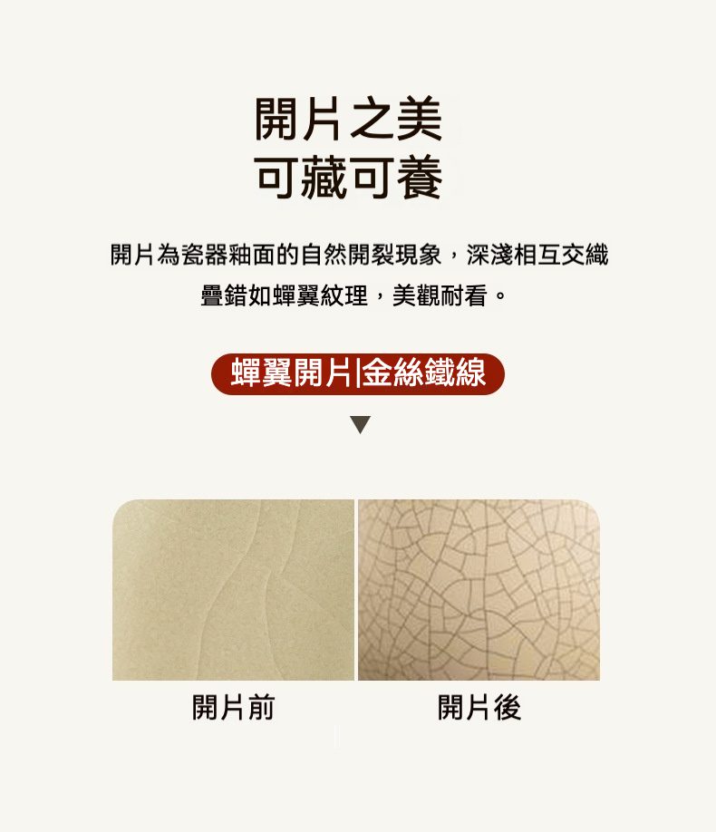 古汝－青花龍紋過濾茶漏組，南山居茶具開片釉面紋理示意圖，詳細展示蟬翼開片與金絲鐵線的變化，解析陶瓷茶具養器之美。