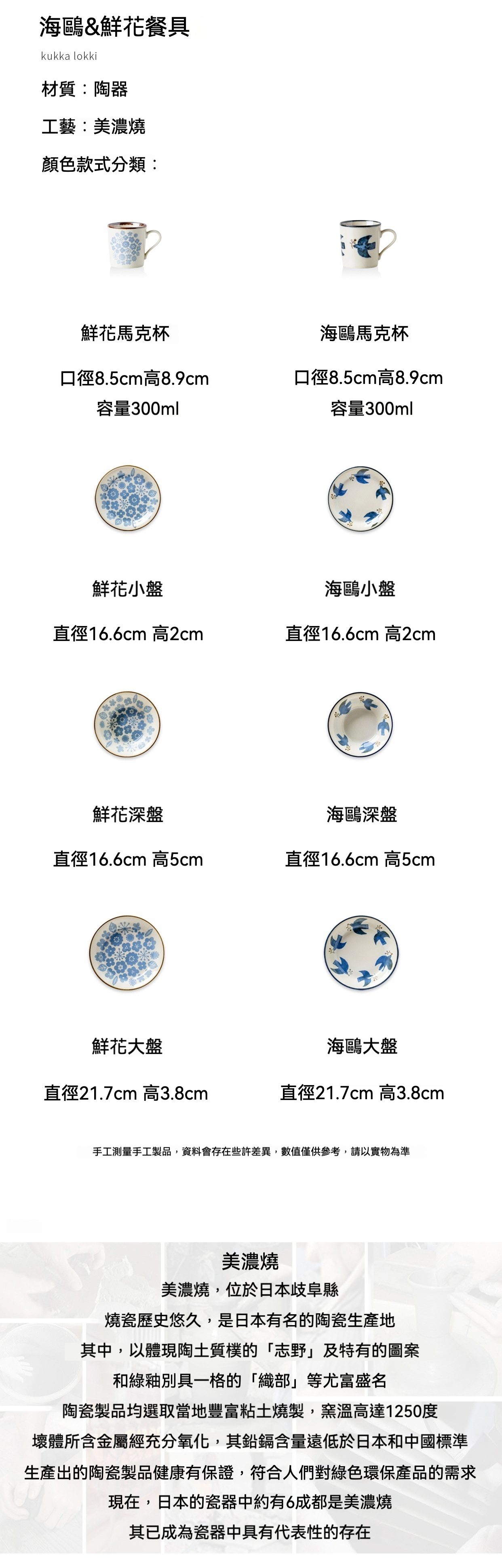海鷗與鮮花餐具系列 ／KUKKA LOKKI ／美濃燒，南山居美濃燒鮮花陶瓷茶點餐具組，藍白花卉溫潤雅緻，日式風格。