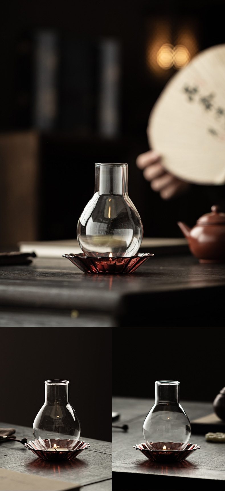 簡約花語玻璃燭台，南山居手工玻璃暖茶爐，搭配蓮花型燭台，柔和燭光點綴茶席氛圍。