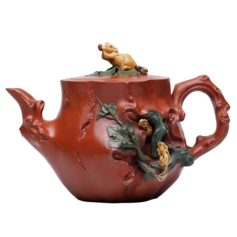 宜興紫砂壺原礦紅泥松鼠樹樁仿生花貨壺(680ml) - 南山居