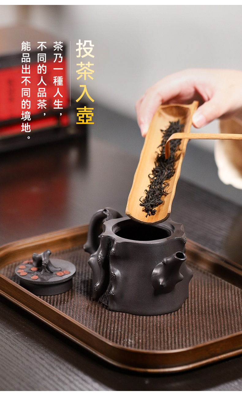 宜興紫砂壺原礦高黑泥松樁茶壺(270ml)，南山居手工紫砂樹皮紋茶壺，搭配竹製茶則將條索狀茶葉投入壺中，展現茶道工藝與優雅氛圍。