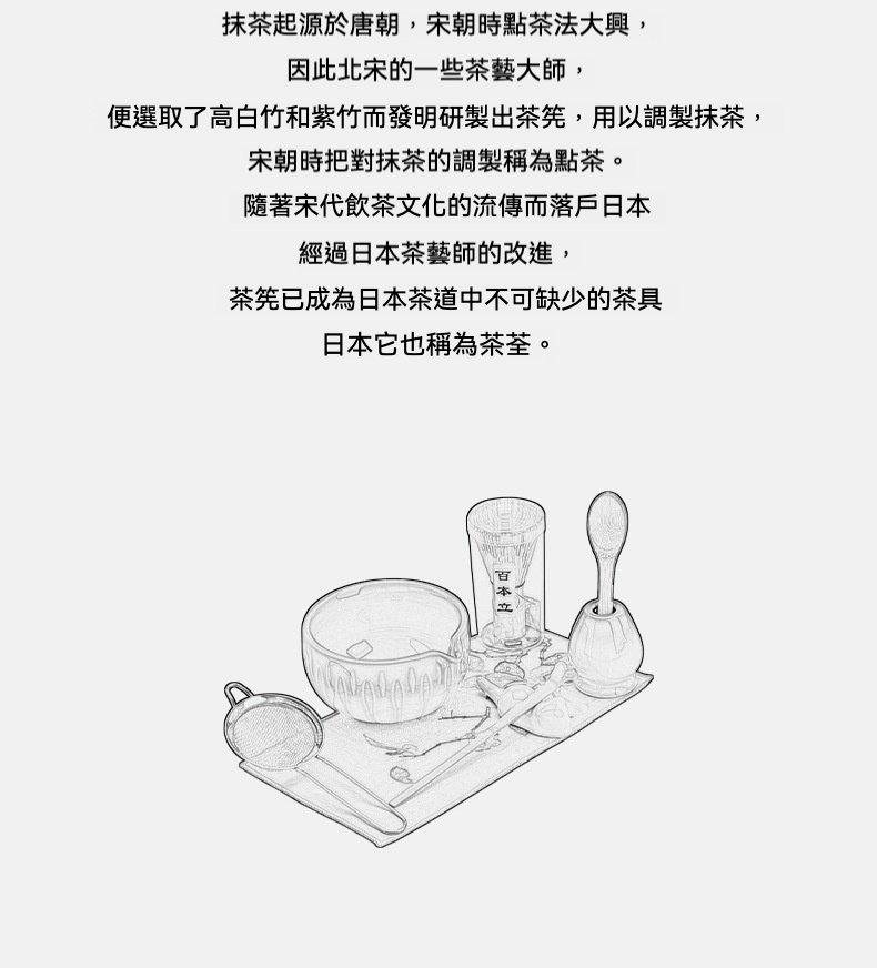點茶 - 彩窯日式抹茶八件組，南山居精選日式抹茶茶具線稿，包含百本立茶筅、茶碗、茶杓與濾網，展現日本茶道禪意。
