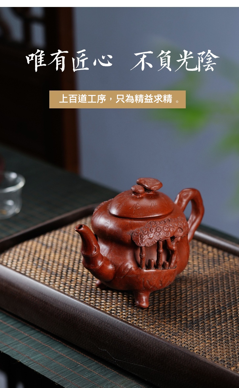 宜興紫砂壺原礦紅泥仙人洞仿生壺(460ml)，南山居手工宜興紫砂壺，壺身精緻雕刻中式建築與竹林意象，泥色溫潤典雅，是茶席上的藝術品。