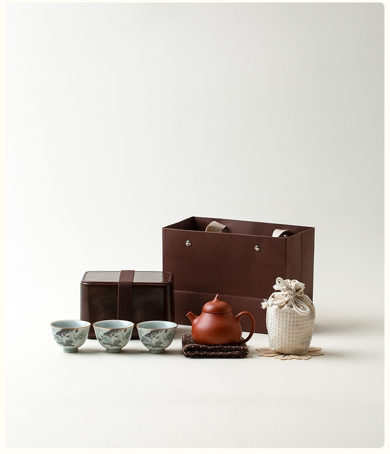 無缺 － 獅來運轉旅行茶具套裝，南山居精緻紫砂茶具禮盒，朱泥茶壺、手繪陶瓷茶杯及收納盒，優雅便攜。
