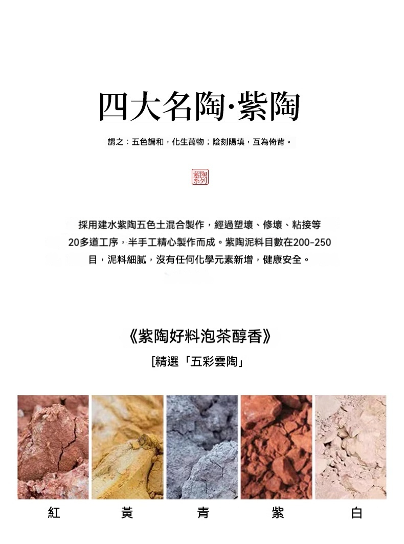 紫陶南瓜過濾茶漏擺件，南山居建水紫陶五色原礦泥料樣本，呈現紅、黃、青、紫、白細膩泥質，展現茶具製作的天然底蘊。