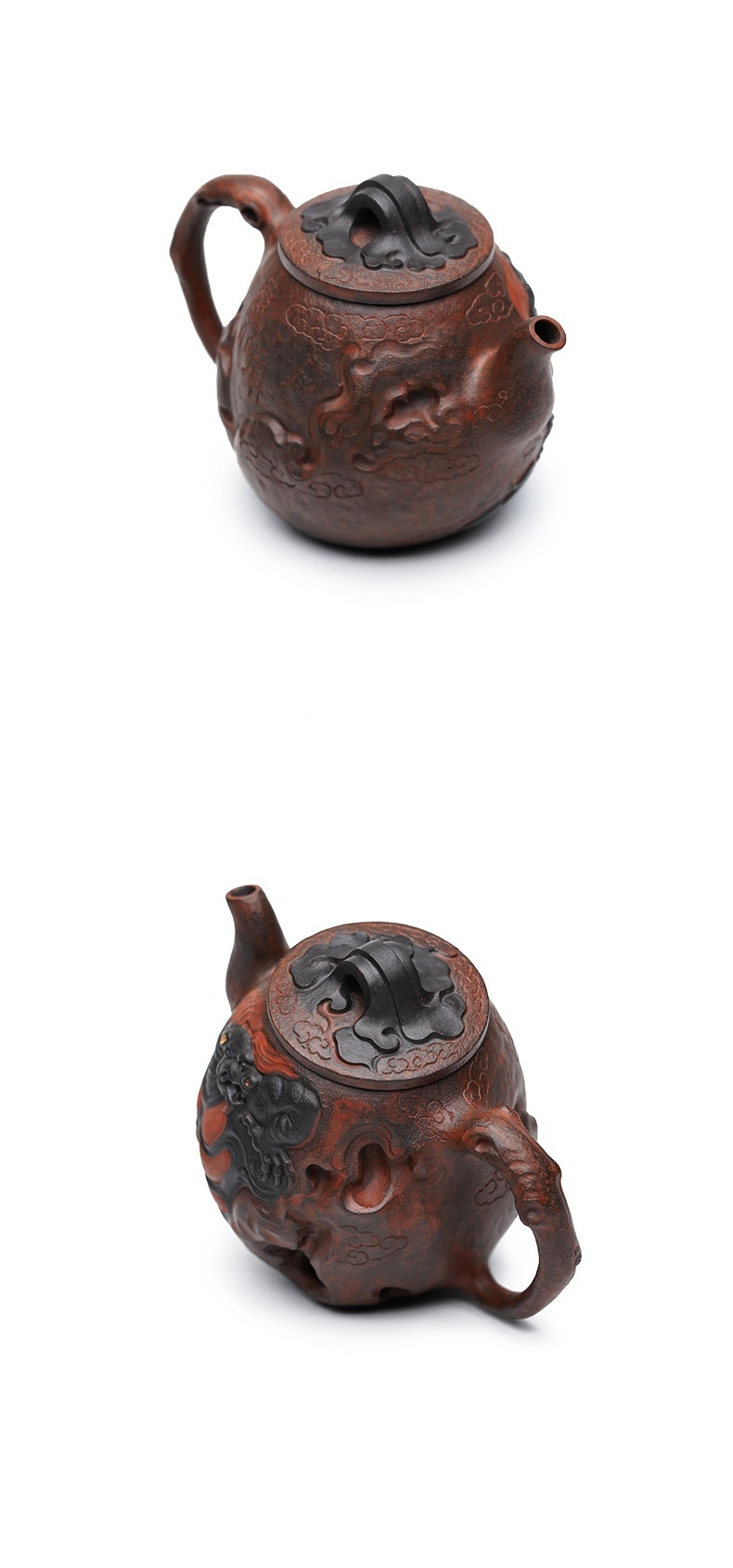 宜興紫砂壺原礦紫泥九子贔屭壺(220ml)，南山居手工紫砂壺，壺身精緻浮雕龍騰祥雲，泥色古樸具收藏價值