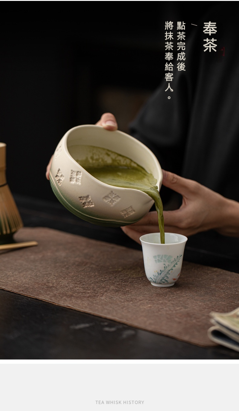 點茶 - 櫻花漸變日式抹茶八件組，南山居手工陶瓷抹茶注碗，壓花飾綠釉，將翠綠抹茶注入彩繪茶杯，盡顯和諧茶席。