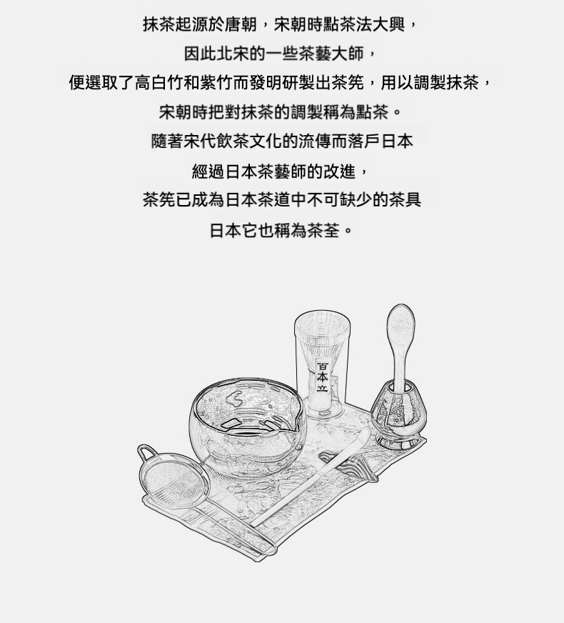 點茶 - 窯變松石日式抹茶八件組，南山居日式抹茶茶具組示意圖，含玻璃茶碗、竹茶筅、竹茶杓、茶筅座及茶篩