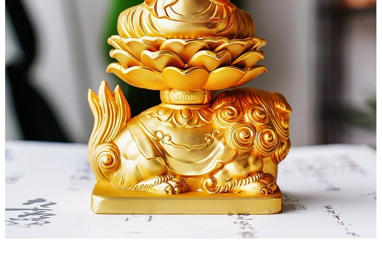 日本大師手作落款 - 文殊菩薩妙吉祥佛像擺件，南山居金色祥瑞貔貅茶寵，蓮花寶座造型，寓意招財納福。