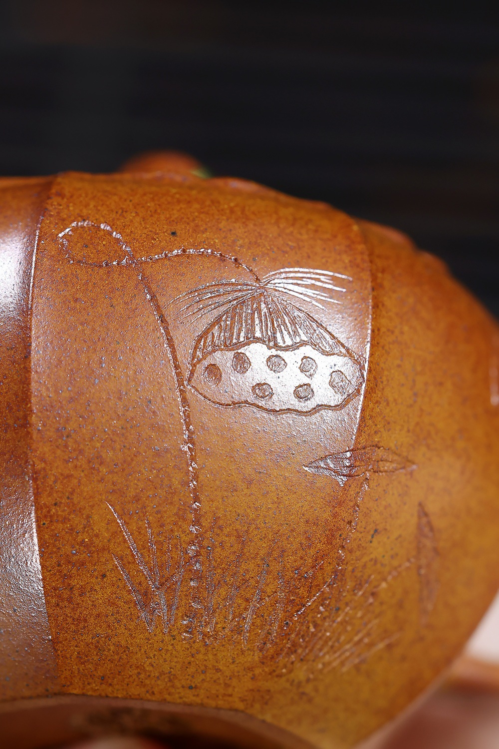 宜興紫砂壺原礦龍骨金砂荷氣生財壺(180ml)，南山居手工紫砂壺，壺身溫潤古樸，雕刻雅致蓮蓬與水草圖案，展現禪意茶道美學。