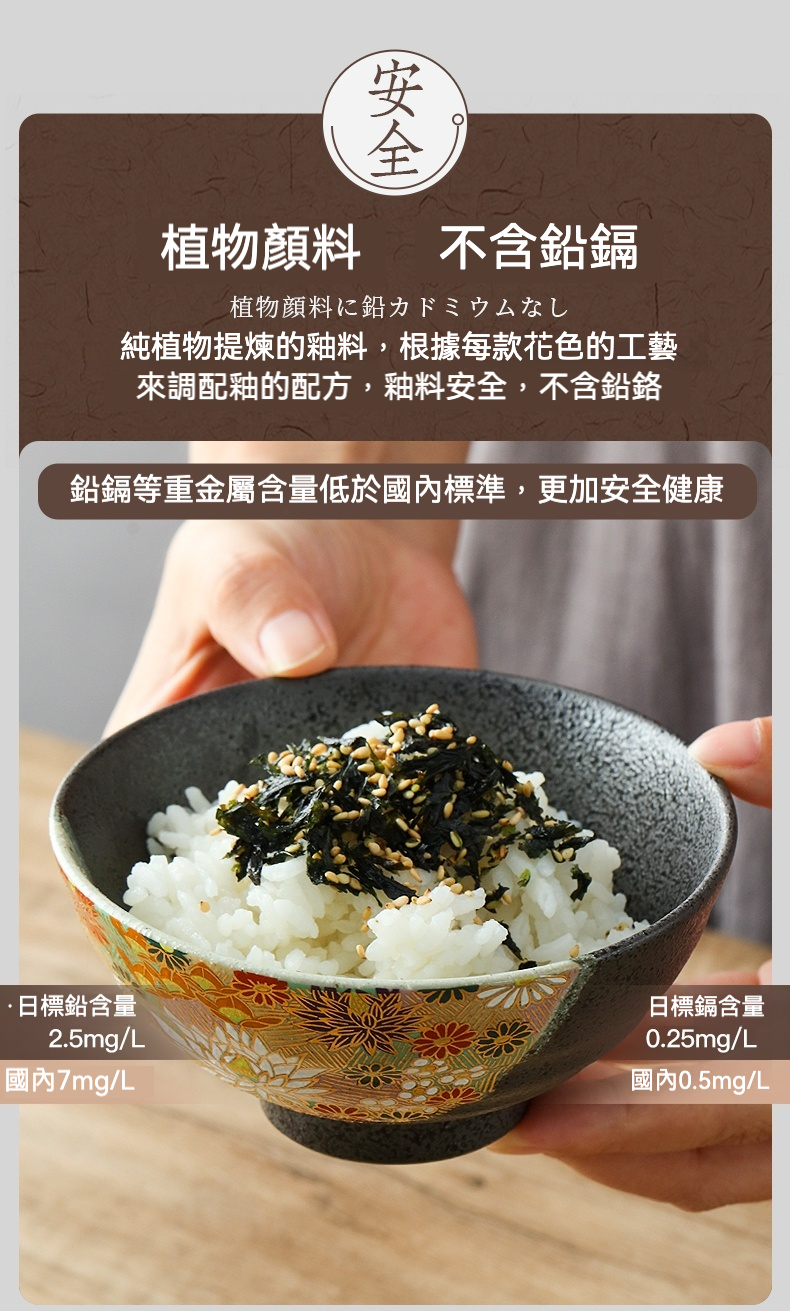 金花詰情侶對碗 / 日本九谷燒，南山居日式風格精緻飯碗，選用天然植物釉料，安全無鉛鎘，兼具美學與健康安心保障。