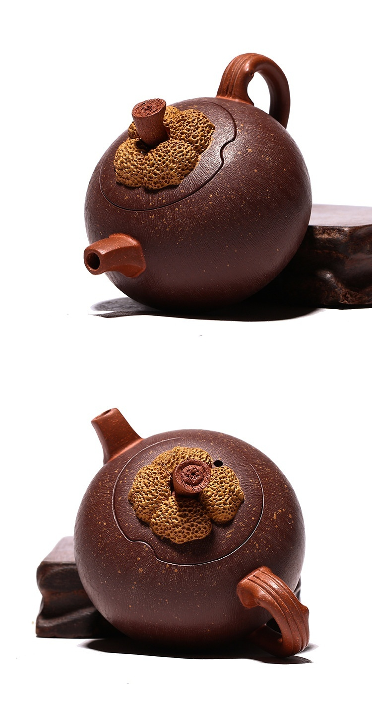 宜興紫砂壺原礦紫泥山竹仿生壺(100ml)，南山居手工紫砂壺，壺蓋以精緻柿子造型為裝飾，砂質細膩、器型渾厚古樸，展現極佳工藝質感。