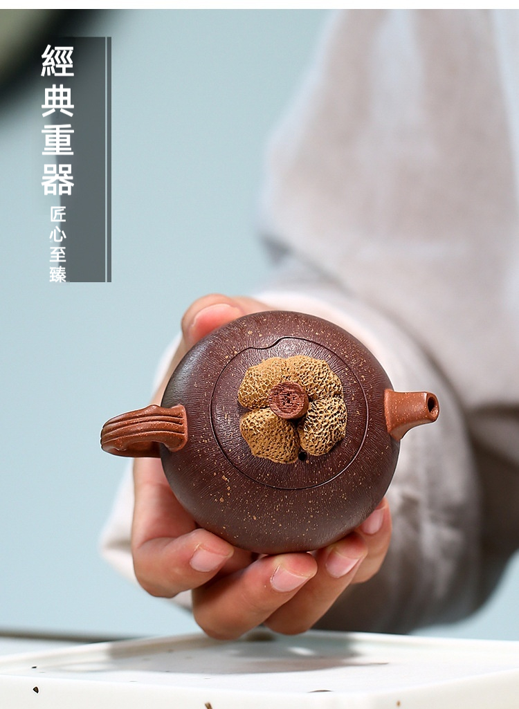 宜興紫砂壺原礦紫泥山竹仿生壺(100ml)，南山居手工紫砂壺，壺蓋以精緻花卉造型點綴，段泥與紫砂材質細膩呈現，展現禪意與工藝之美。