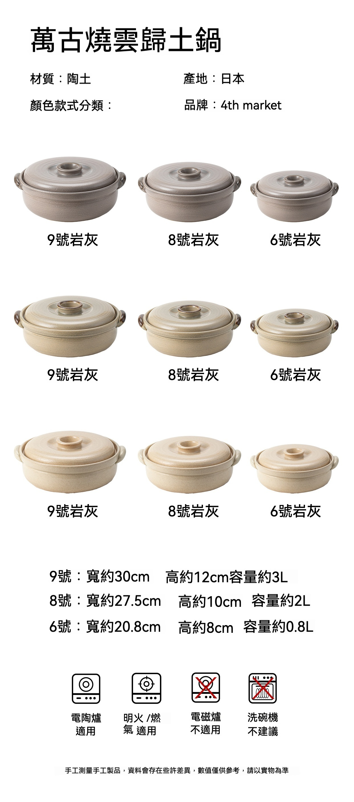 日本簡約輕奢家用燉鍋 / 日本萬古燒，日本4th market萬古燒雲歸土鍋，具備岩灰與多色選擇，提供9號、8號、6號多種尺寸，適合日式料理與慢火燉煮。
