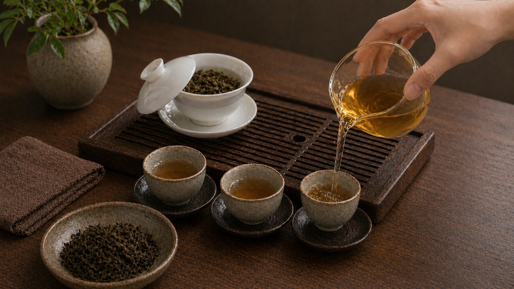 手持玻璃公道杯將茶湯平均倒入三只品茗杯，旁邊有蓋碗與茶盤