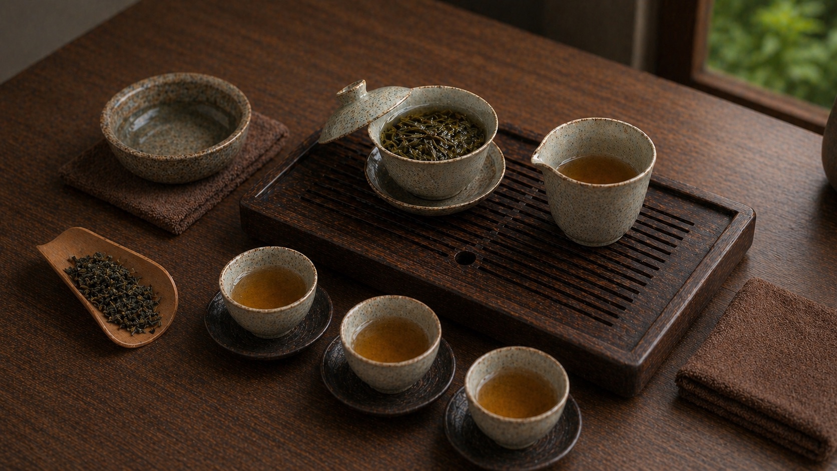 蓋碗、公道杯、品茗杯、茶巾、茶則與茶盤組成的蓋碗泡茶動線