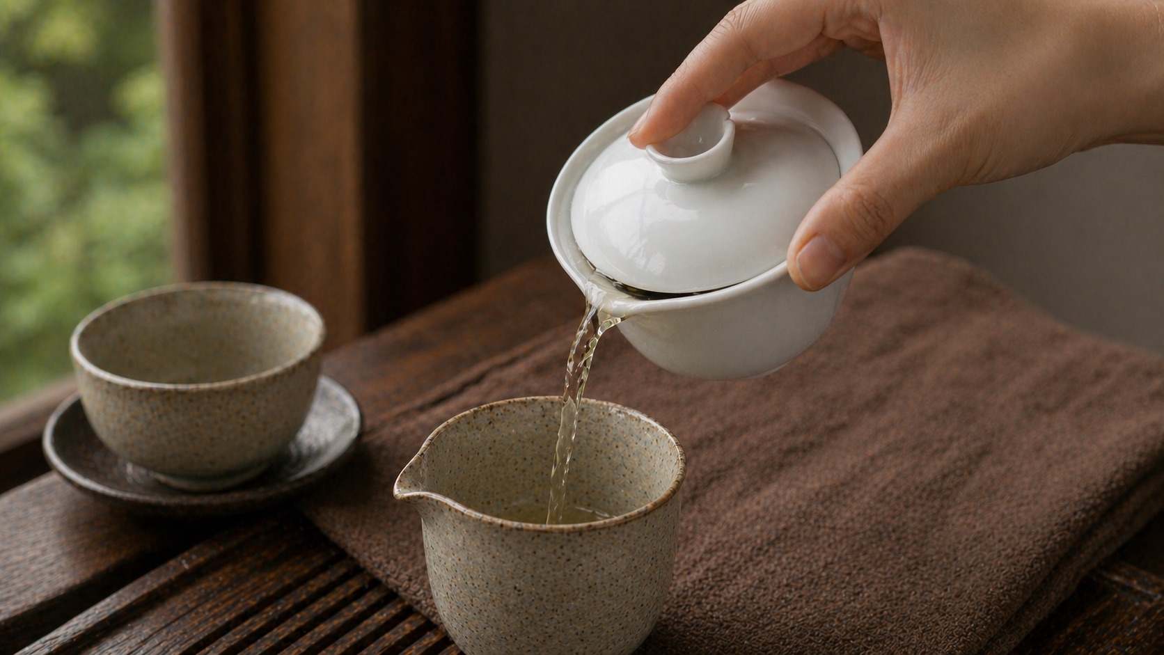 手持白瓷蓋碗將茶湯倒入公道杯，示意蓋碗出湯與防燙手法
