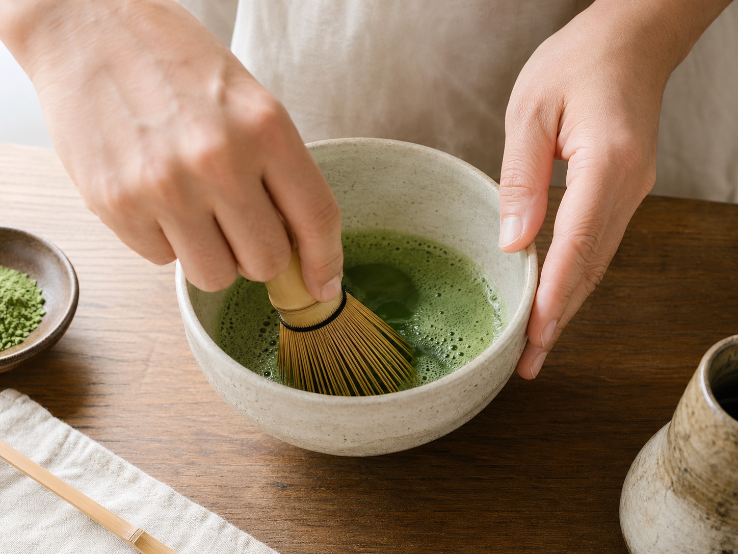 使用竹製茶筅在抹茶碗中擊拂薄茶，形成細緻泡沫