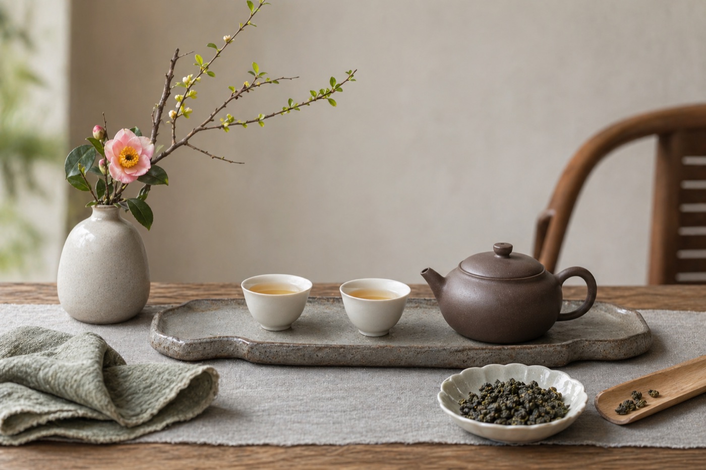 茶席配色、材質與四季花藝搭配，花器、茶壺、茶杯與茶盤形成留白構圖