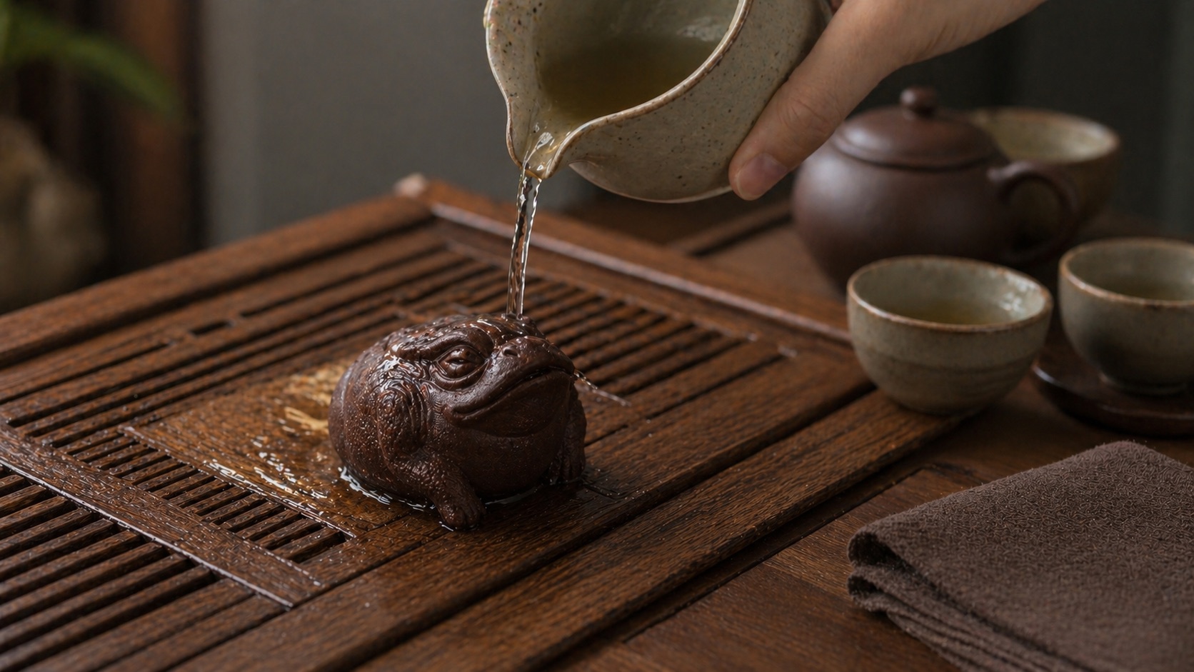 茶水從公道杯淋在紫砂茶寵上，旁邊有茶巾、茶壺與茶杯