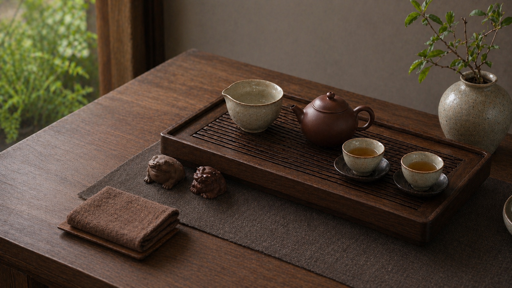 茶席上茶寵放在茶盤邊緣，不阻礙茶壺、公道杯與茶杯的泡茶動線